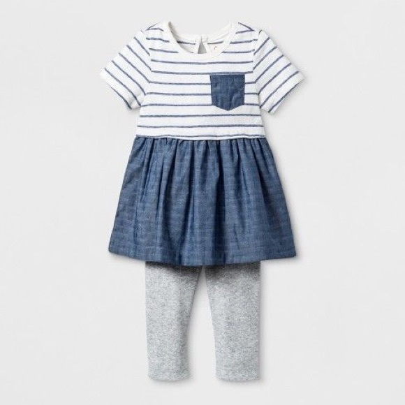 Cat & Jack Other - Girl 2 Pc Blue Gray Denim Dress Legging Outfit NWT